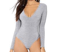 MANGDIUP Women's V-Neck Long Sleeve Bodysuit for Women - Sexy & Comfortable Stretchy Tops, Heather Grey, S