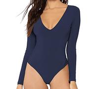 MANGDIUP Women's V-Neck Long Sleeve Bodysuit for Women - Sexy & Comfortable Stretchy Tops, Navy Blue, Medium