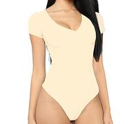 MANGDIUP Women's V-Neck Long Sleeve Bodysuit for Women - Sexy & Comfortable Stretchy Tops, Nude, S