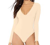 MANGDIUP Women's V-Neck Long Sleeve Bodysuit for Women - Sexy & Comfortable Stretchy Tops, Nude, S