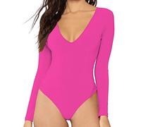 MANGDIUP Women's V-Neck Long Sleeve Bodysuit for Women - Sexy & Comfortable Stretchy Tops, Rose Red, Large