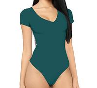 MANGDIUP Women's V-Neck Long Sleeve Tops Basic Bodysuit Jumpsuit (Dark Green, M), Dark Green