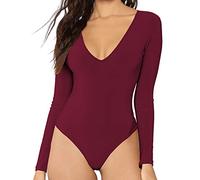 MANGDIUP Women's V-Neck Long Sleevee Short Sleeve Tops Basic Bodysuit, Burgundy, Large