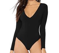 MANGDIUP Women's V Neck Short Sleeve Long Sleeve Tops Basic Bodysuit Jumpsuit, Black, S