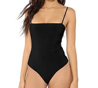 MANGDIUP Womens V-Neck Square Neck Backless Camisole Adjustable Spaghetti Strap Bodysuits Jumpsuits, Square Neck Black, X-Large