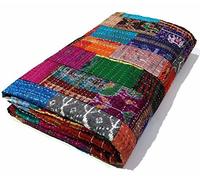 Manglam arts Queen Size Patchwork Silk Kantha Quilt 90X108 Inch Silk Bedcover Indian Silk Patola Quilt Throw Blanket By