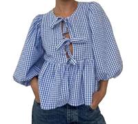 MANGMAO Tie Front Tops for Women Leopard Print Peplum Babydoll Top 3/4 Length Puff Sleeve Coquette Tops Cute Going Out Tops, Blue Gingham, S