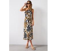 Mango Abstract Leaf Print One Shoulder Asymmetrical Dress - Brown, Brown, Size 14, Women Brown
