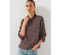 Mango Contrasting Stripes Cotton Polo Shirt, Brown, Size S, Women Brown