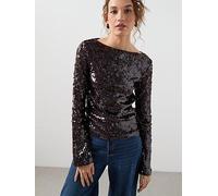 Mango Flared Sleeve Sequin T Shirt, Brown, Size S, Women Brown