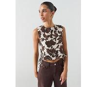 Mango Floral Print Crop Top, Brown, Size L, Women Brown
