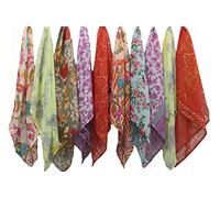 Mango Gifts Indian Silk Sari Square Scarf, Soft Floral Printed Scarves, Lightweight and Breathable, Multipurpose Perfect for Headbands Set of 10 Pieces Mix Colurs and Style 20" x 20" Inches