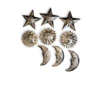Mango Gifts Rustic Sun Moon Star Metal Wall Art | 9 Piece Antique Gold Set | Vintage Celestial Wall Hanging Decor for Boho, Farmhouse & Outdoor Garden | Sun & Moon Face Home Decoration