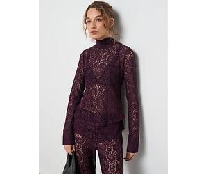 Mango Lace Long Sleeve Tie Neck Blouse, Red, Size L, Women Red