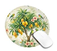 Mango Small Mouse Pad, Tropical Botanical Bird Flower Summer Green Round Rubber Washable Stitched Edge Cloth Mousepad Idea for Home Office Desk Laptop Gamers Gift Round 8x8 Inch