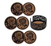 Mango Steam Set of Six Rose Decorative Coasters For Drinks & Mugs With Metal Holder, Black