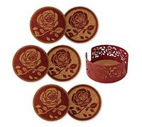 Mango Steam Set of Six Rose Decorative Coasters For Drinks & Mugs With Metal Holder, Red