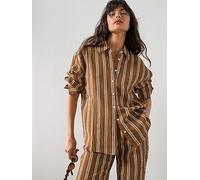 Mango Striped Co-ord Straight Shirt, Brown, Size L, Women Brown