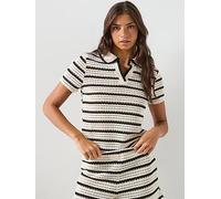 Mango Striped Crochet Co-ord Polo, White, Size L, Women White