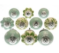 Mango Tree Cupboard Knob Decorative Light Green And Cream With Patterns, Dots, Spots And Stripes Ceramic Door Handle Set Of 10