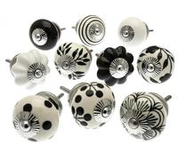 Mango Tree Cupboard Knobs - Decorative Black and White Ceramic Door and Drawer Handles - Vintage Home Décor Set of 10