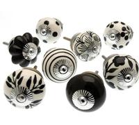 Mango Tree Cupboard Knobs Decorative Black And White, Round And Flower Shapes With Patterns Ceramic Door And Drawer Handles Set Of 8