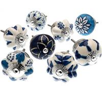 Mango Tree Cupboard Knobs - Decorative Blue and White with Contemporary Patterns Ceramic Door and Drawer Handles - Vintage Home Décor Set of 8