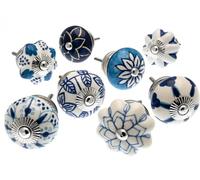 Mango Tree Cupboard Knobs - Decorative Blue and White with Contemporary Patterns Ceramic Door and Drawer Handles - Vintage Home Décor Set of 8