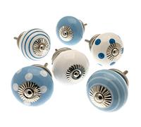 Mango Tree Cupboard Knobs - Decorative Blue and White with Dots, Spots and Stripes Ceramic Door and Drawer Handles - Vintage Home Décor Set of 6