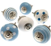 Mango Tree Cupboard Knobs Decorative Blue And White With Dots, Spots And Stripes Ceramic Door And Drawer Handles Set Of 6