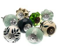 Mango Tree Cupboard Knobs - Decorative Dark Green, Cream and Eau de Nil Green with Patterns Ceramic Door and Drawer Handles - Vintage Home Décor Set of 8