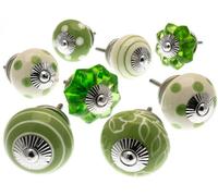 Mango Tree Cupboard Knobs Decorative Green And White With Dots, Spots And Stripes Ceramic Door And Drawer Handles Set Of 8