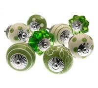 Mango Tree Cupboard Knobs - Decorative Green and White with Dots, Spots and Stripes Ceramic Door and Drawer Handles - Vintage Home Décor Set of 8