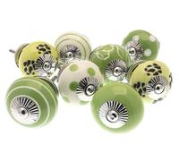 Mango Tree Cupboard Knobs - Decorative Green and White with Dots, Spots, Stripes and Patterns Ceramic Door and Drawer Handles - Vintage Home Décor Set of 8