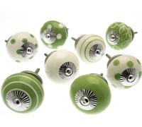 Mango Tree Cupboard Knobs Decorative Green And White With Dots, Spots, Stripes And Patterns Ceramic Door And Drawer Handles Set Of 8