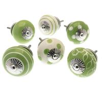 Mango Tree Cupboard Knobs Decorative Green And White With Dots, Stripes And Patterns Ceramic Door And Drawer Handles Set Of 6