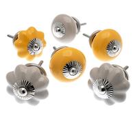 Mango Tree Cupboard Knobs Decorative Grey And Yellow Round And Flower Shaped Ceramic Door And Drawer Handles Vintage Home Décor Set Of 8