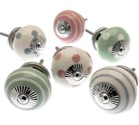 Mango Tree Cupboard Knobs Decorative Light Green, Pink And Grey With Dots, Spots And Stripes Ceramic Door And Drawer Handles - Set Of 6
