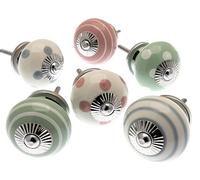 Mango Tree Cupboard Knobs - Decorative Light Mint Green, Pink and Grey with Dots, Spots and Stripes Ceramic Door and Drawer Handles - Vintage Home Décor Set of 6