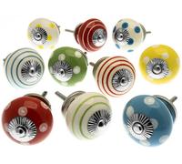 Mango Tree Cupboard Knobs Decorative Mixed Colours, Red, Green, Blue And Yellow Ceramic Door And Drawer Handles Set Of 10