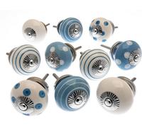 Mango Tree Cupboard Knobs Decorative Pale Blue And White With Dots, Spots And Stripes Ceramic Door And Drawer Handles Set Of 10