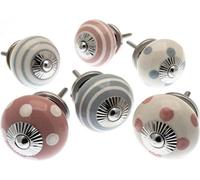Mango Tree Cupboard Knobs Decorative Pastel Pink And Grey, White With Dots, Spots And Stripes Ceramic Door And Drawer Handles Set Of 6