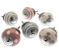 Mango Tree Cupboard Knobs - Decorative Pastel Pink and Grey, White with Dots, Spots and Stripes Ceramic Door and Drawer Handles - Vintage Home Décor Set of 6
