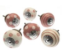 Mango Tree Cupboard Knobs Decorative Pastel Pink And White With Dots, Spots And Stripes Ceramic Door And Drawer Handles Set Of 6