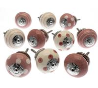 Mango Tree Cupboard Knobs Decorative Pastel Pink And White With Dots, Spots And Stripes Ceramic Door And Drawer Handles Set Of 10