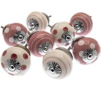 Mango Tree Cupboard Knobs Decorative Pastel Pink And White With Dots, Spots And Stripes Ceramic Door And Drawer Handles Set Of 8