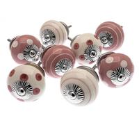 Mango Tree Cupboard Knobs - Decorative Pastel Pink and White with Dots, Spots and Stripes Ceramic Door and Drawer Handles - Vintage Home Décor Set of 8