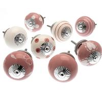 Mango Tree Cupboard Knobs - Decorative Red and White Ceramic Door and Drawer Handles - Vintage Home Décor Set of 8