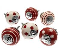 Mango Tree Cupboard Knobs - Decorative Red and White with Dots, Spots and Stripes Ceramic Door and Drawer Handles - Vintage Home Décor Set of 6