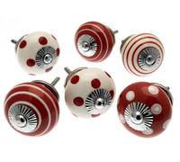 Mango Tree Cupboard Knobs Decorative Red And White With Dots, Spots And Stripes Ceramic Door And Drawer Handles - Set Of 6